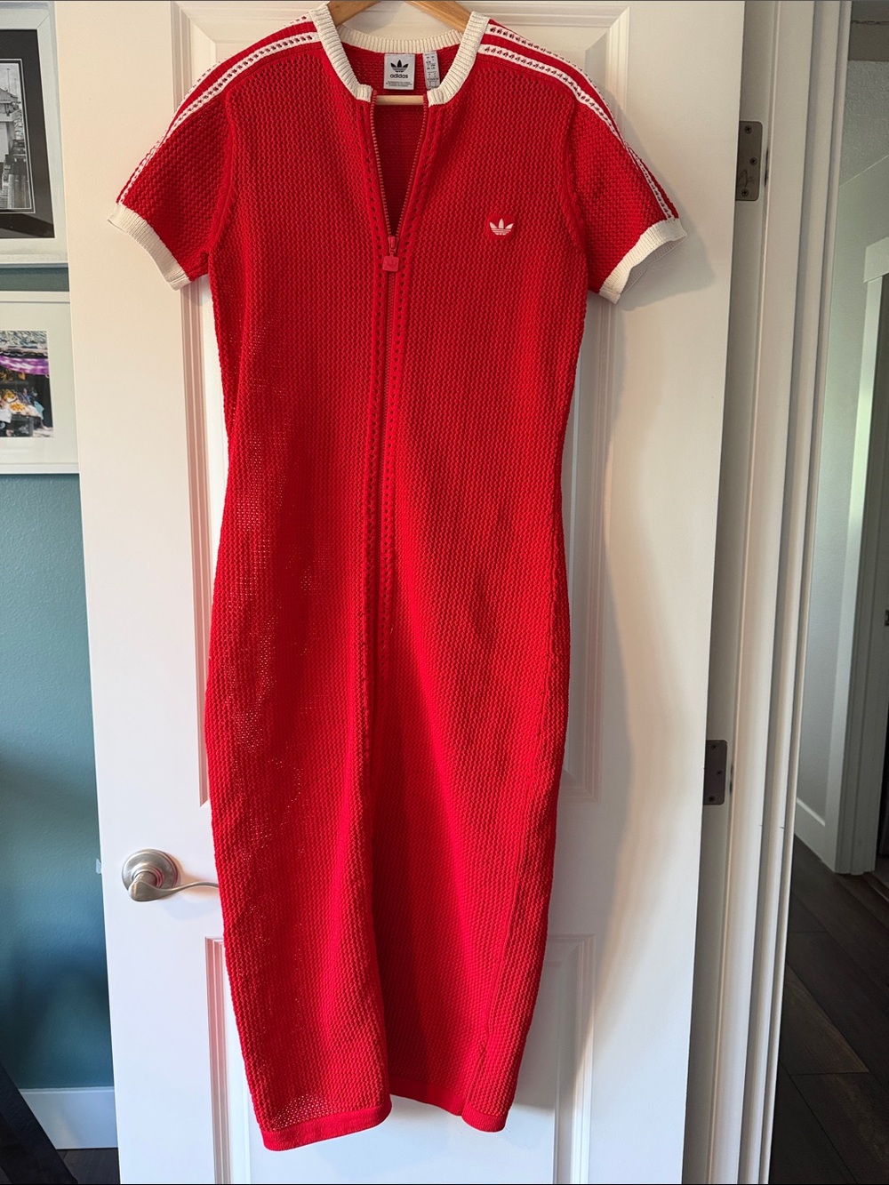 adidas Red Knit Zip-Front Midi Dress with White Trim